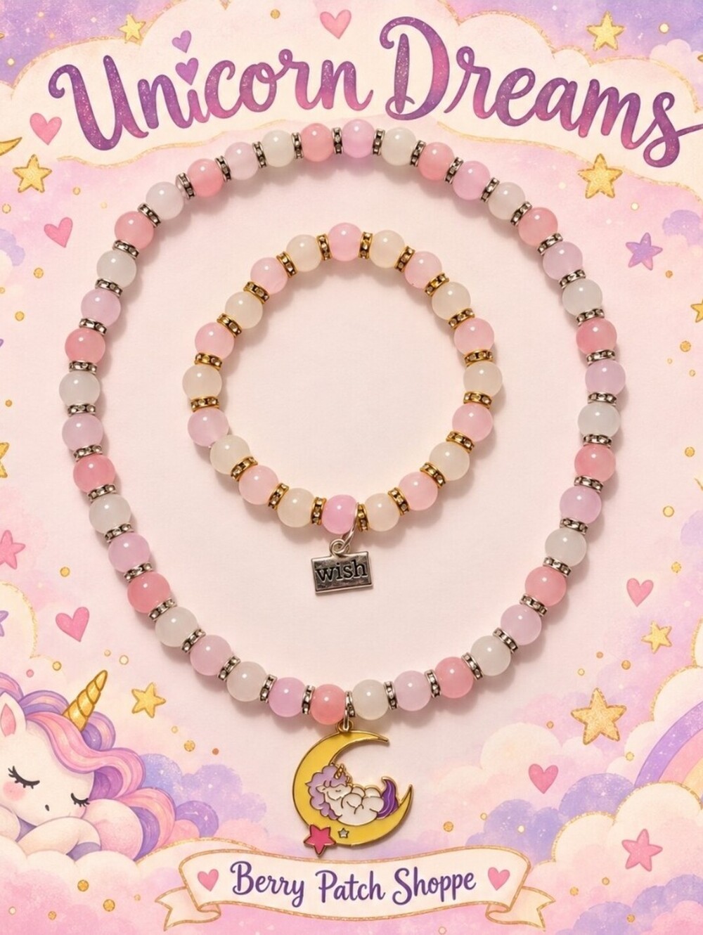 Unicorn Dreams Necklace Bracelet Glass Bead Jewelry Accessories Set